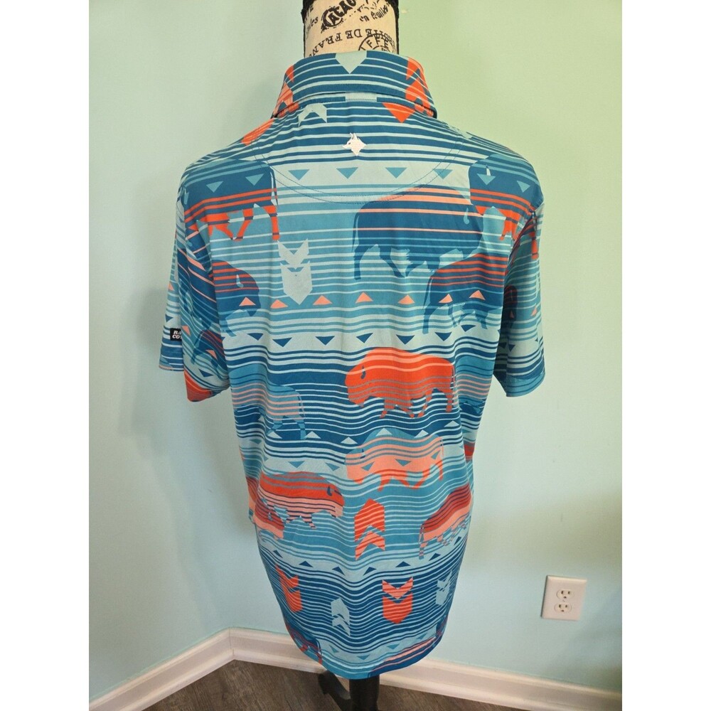 Raised By Coyotes Polo Mens small Caprock Buffalo Arizona Tribal Blue Orange - Picture 2 of 7
